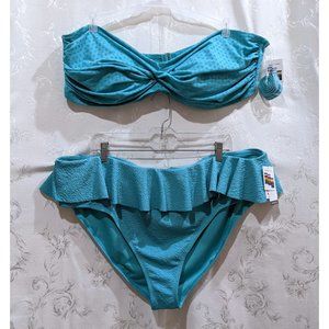 Ruffle High Waist Eyelet Twist Bandeau Two Piece Swim Suit Set 3X Turquoise